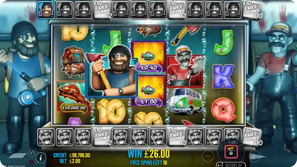 Standard free spins showing fisherman collecting money symbols